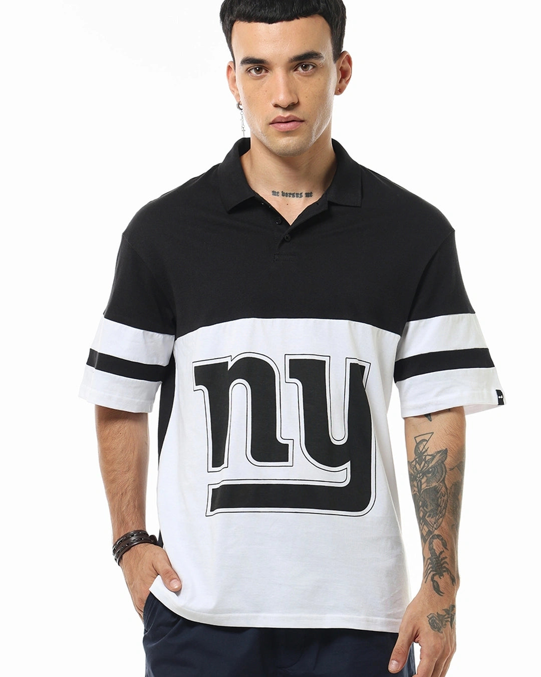 Men's White & Black NY Color Block Oversized Polo T-shirt